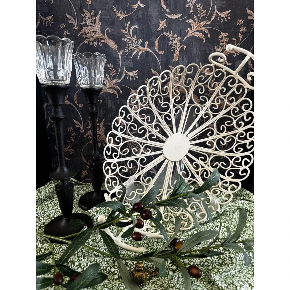 Vintage Cream Metal Scroll Wire Filigree Decorative Centerpiece Basket 18in
